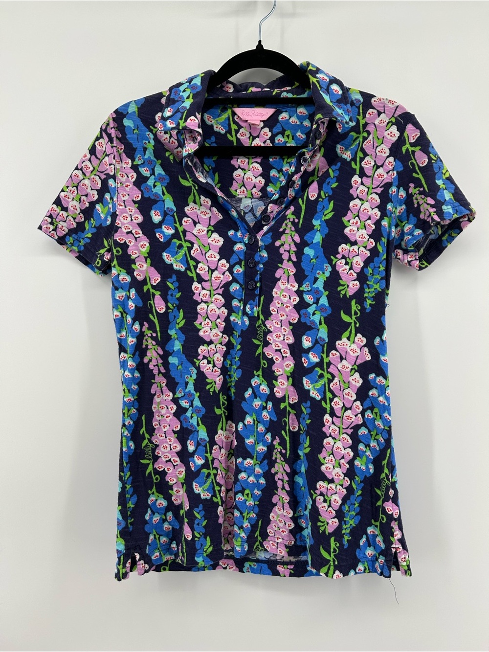 Lilly Pulitzer Navy Floral Polo - Pink & Blue Foxy Foxglove Print